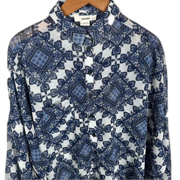 Sans Souci Blue White Paisley Patterned Tunic Button-Up Shirt Size Medium - Picture 13 of 16